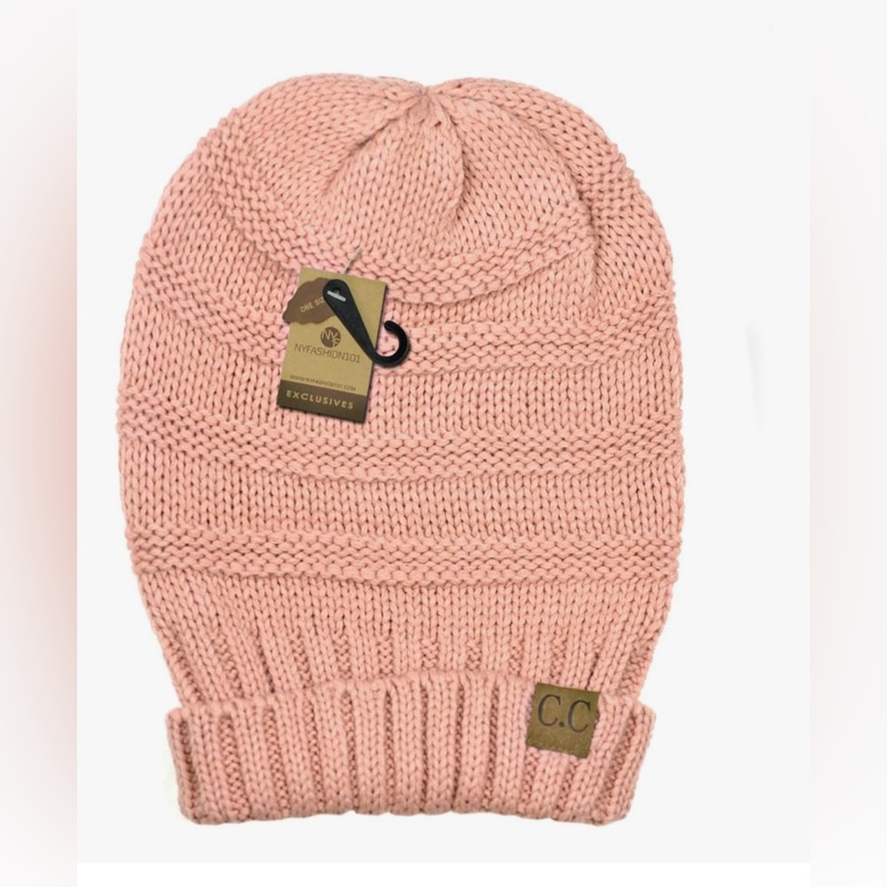 CC Indi Pink Knit Beanie, Wrinkled Beanie Cap Slouchy Skull Hat, Oversized - Picture 4 of 4
